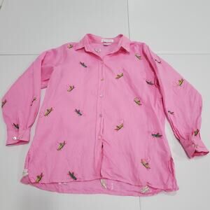 Casey Coleman Shirt Womens Medium Pink Linen Grasshopper Embroidered